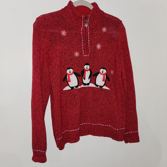 Vintage Christopher & Banks  1/4 Zip Penguin Pullover Sweater Red Snowflakes Med - Picture 1 of 8